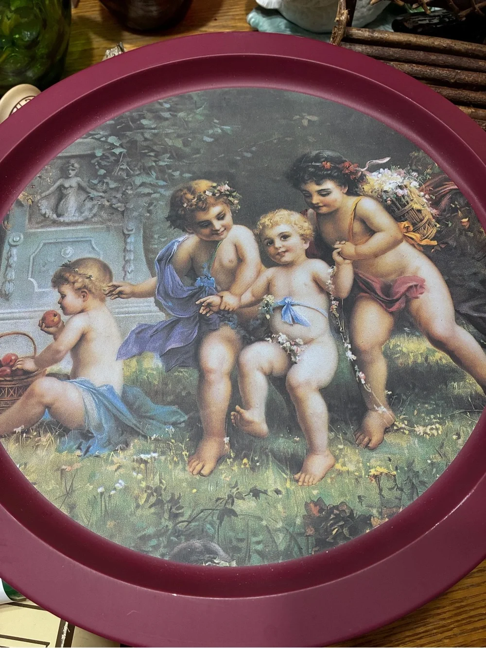 Classic Cherub Round Wall Art in Plum